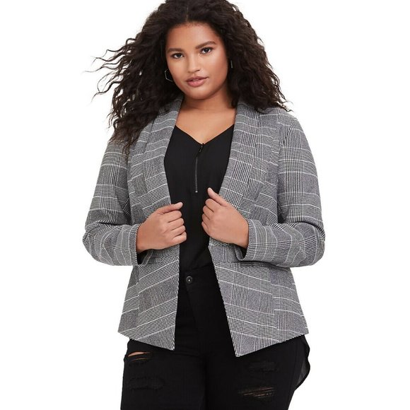 NEW TORRID Womens Sz 6X Black Glen Plaid Houndstooth Cutaway Stretch Open Blazer